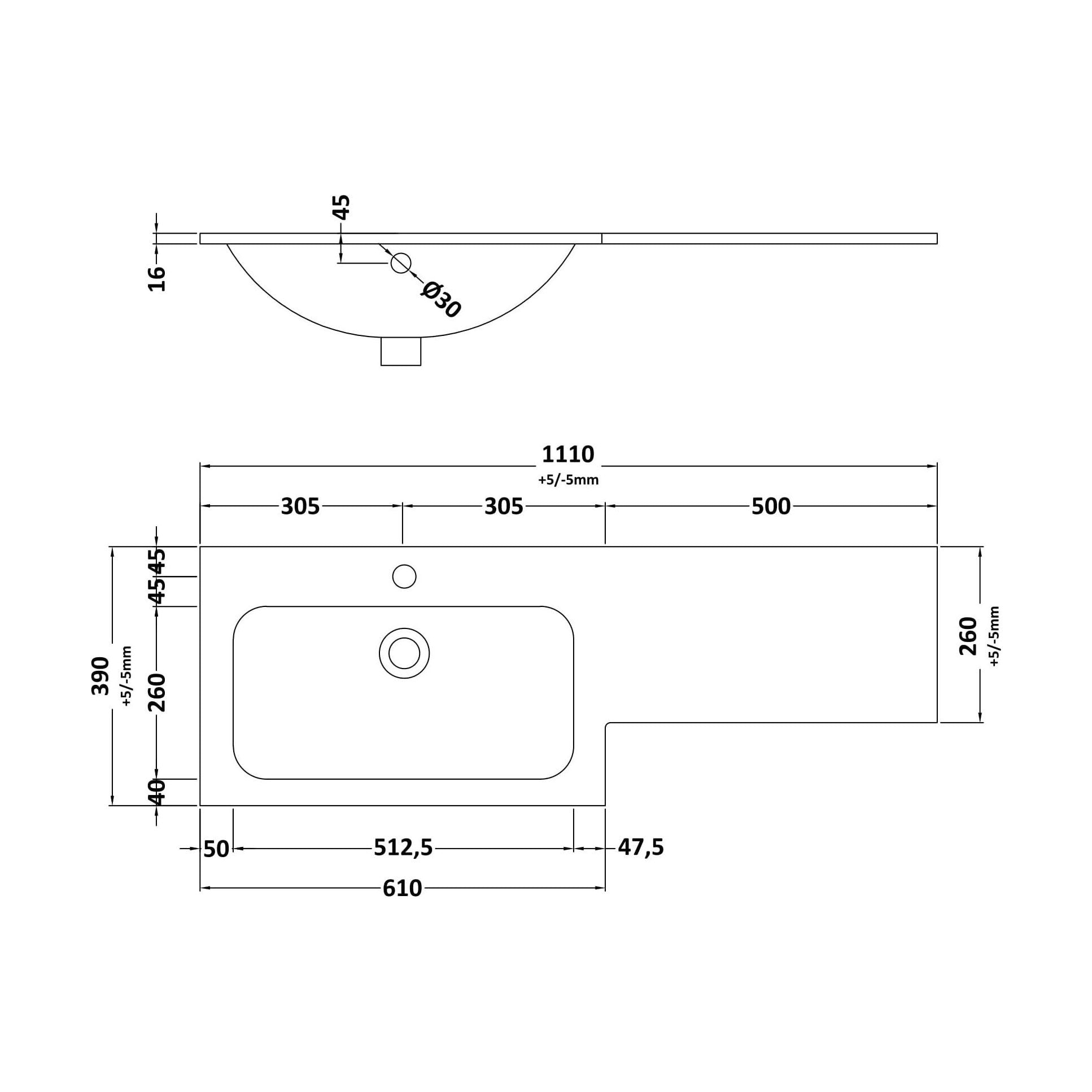 [BCSB911L] L Shaped Basin LH 1T/H - Technical Drawing