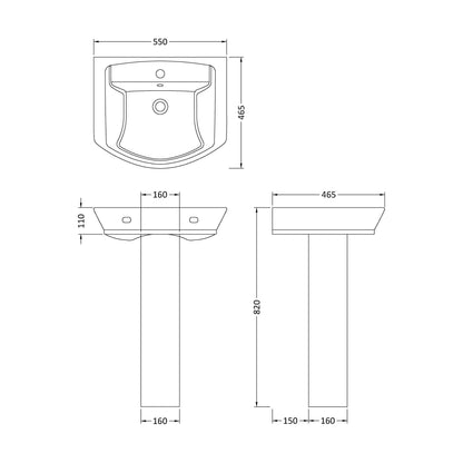 [BCSP002] Spirit Soft Square 1 Tap Hole Ceramic Basin & Full Pedestal, 550mm - Balterley - Technical Drawing