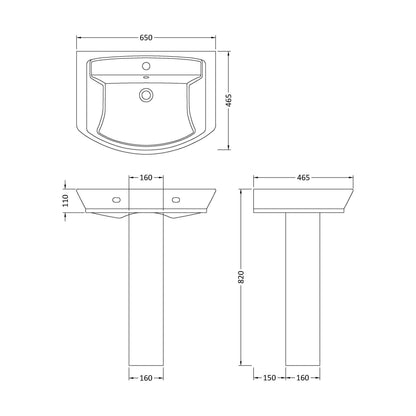 [BCSP003] Spirit Ceramic Square Basin with Full Pedestal, 650mm - Modern Bathroom Sink Design (Tap Not Included) by Balterley - Technical Drawing