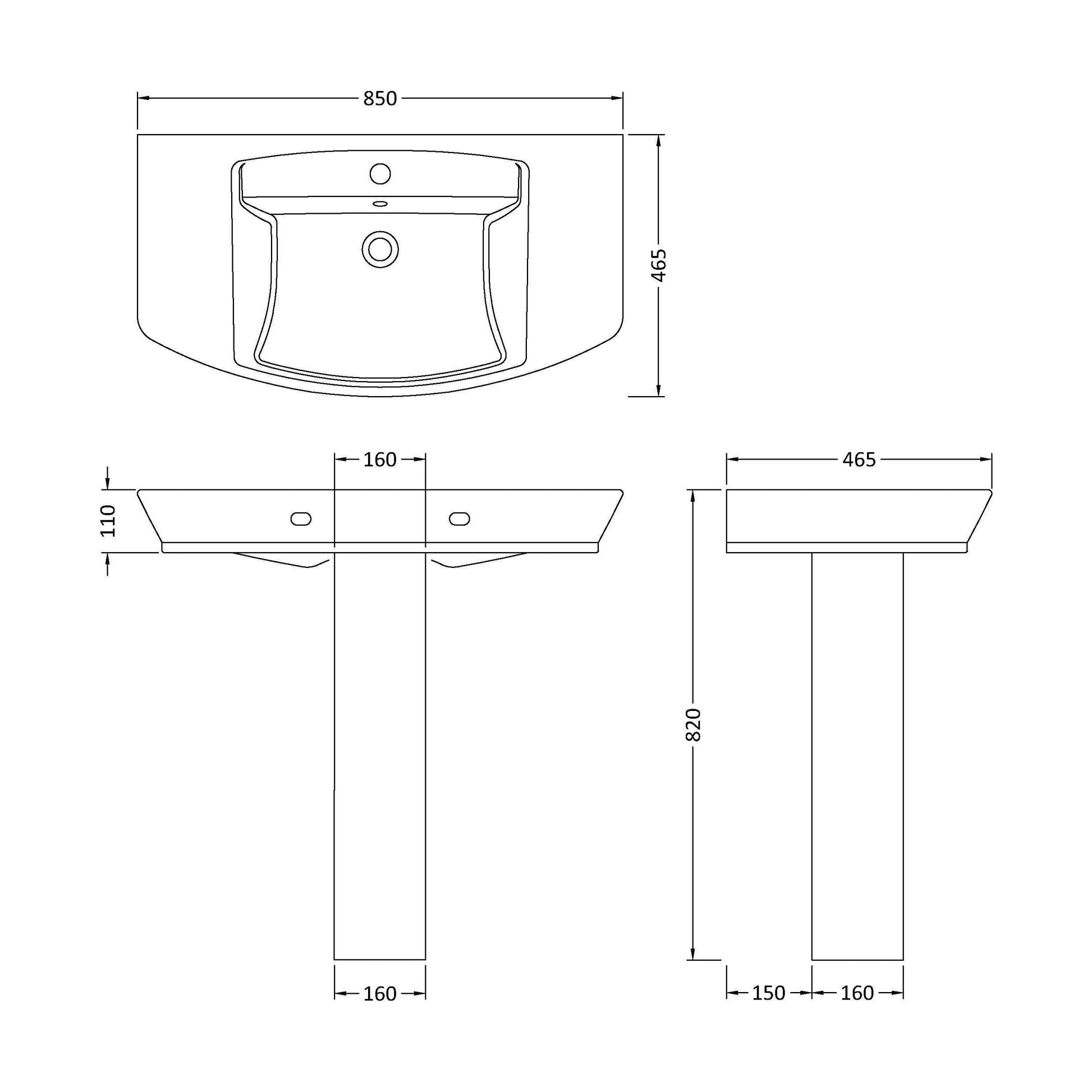 [BCSP004] Spirit Ceramic Square Basin with Full Pedestal, 850mm - Contemporary Bathroom Sink Design (Tap Not Included) by Balterley - Technical Drawing