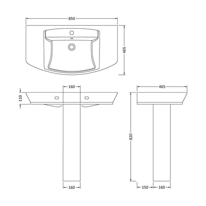 [BCSP004] Spirit Ceramic Square Basin with Full Pedestal, 850mm - Contemporary Bathroom Sink Design (Tap Not Included) by Balterley - Technical Drawing