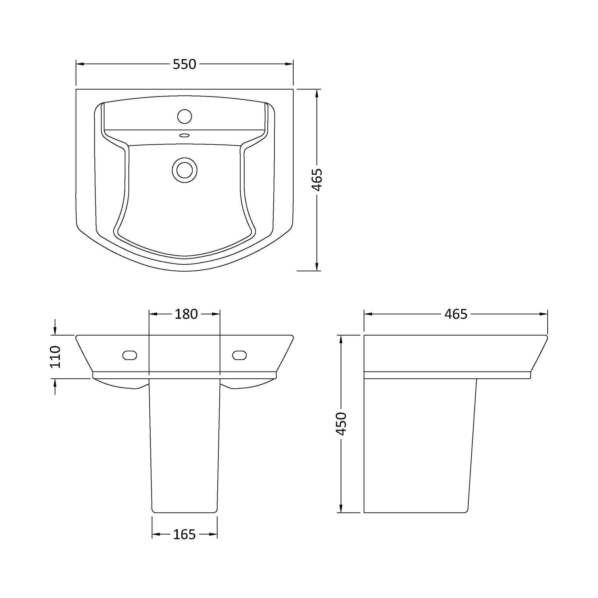 [BCSP005] Spirit Square Ceramic Basin and Semi Pedestal, 550mm - Balterley - Technical Drawing