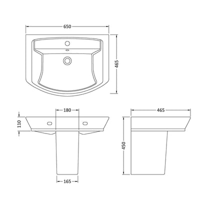 [BCSP006] Spirit Square Ceramic Basin and Semi Pedestal, 650mm - Balterley - Technical Drawing