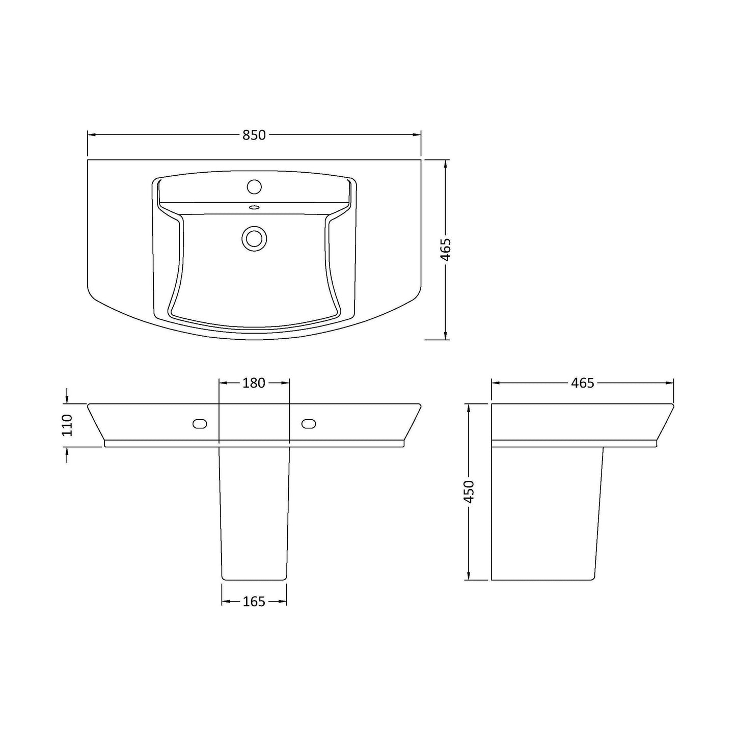 [BCSP007] Spirit Square Ceramic Basin and Semi Pedestal, 850mm - Balterley - Technical Drawing