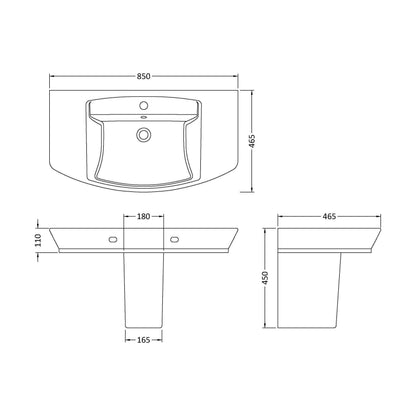 [BCSP007] Spirit Square Ceramic Basin and Semi Pedestal, 850mm - Balterley - Technical Drawing