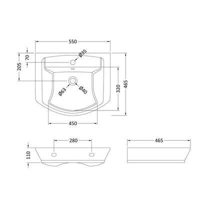 [BCSP302] 550mm Basin 1Th - Technical Drawing