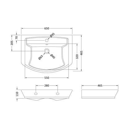 [BCSP322] 650mm Basin 1Th - Technical Drawing