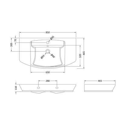 [BCSP342] 850mm Basin 1Th - Technical Drawing