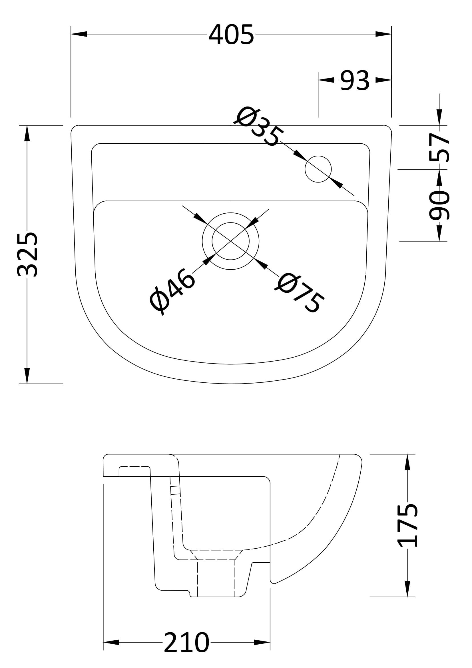 [BCSR002] Round Ceramics Semi Recessed 1 Tap Hole Basin (Tap Not Included), 400mm - Balterley - Technical Drawing