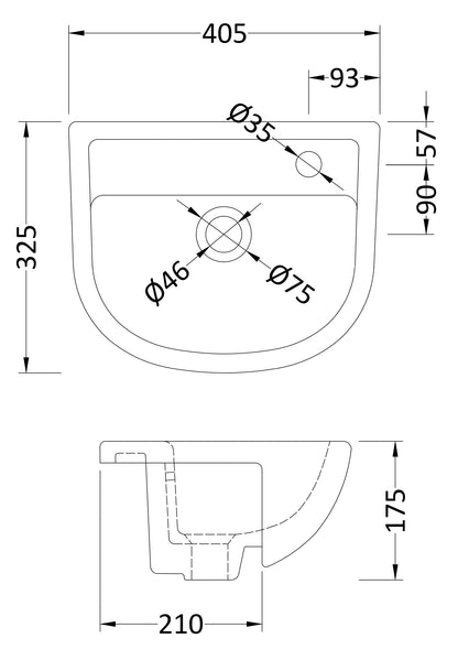 [BCSR002] Round Ceramics Semi Recessed 1 Tap Hole Basin (Tap Not Included), 400mm - Balterley - Technical Drawing