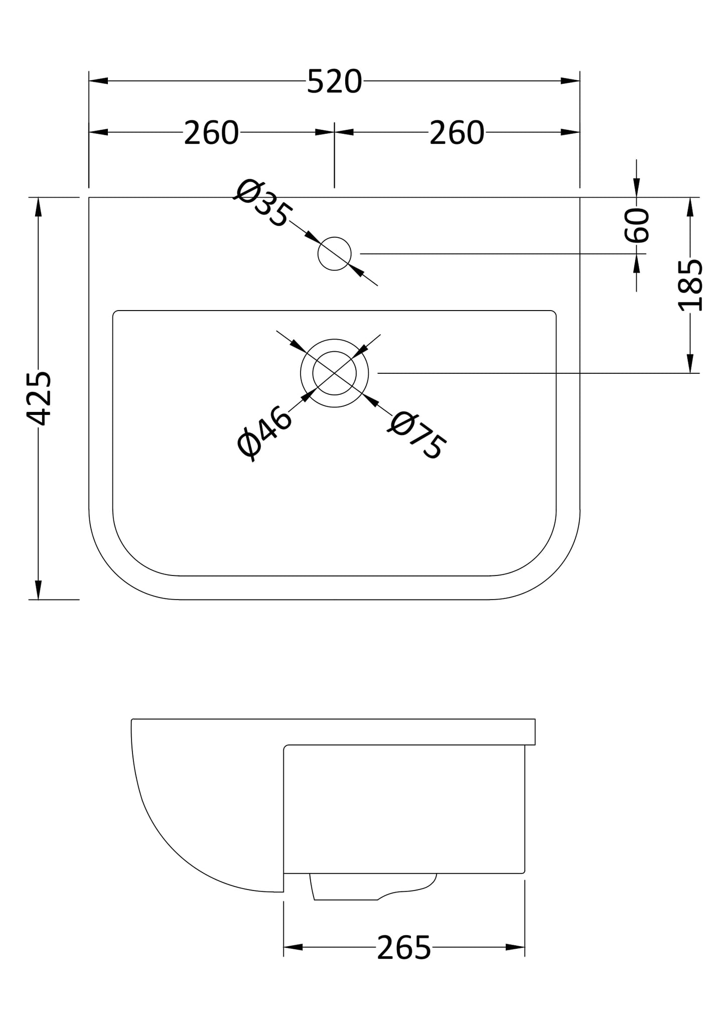 [BCSR003] Square Ceramics Semi Recessed 1 Tap Hole Minimalist Basin (Tap Not Included), 520mm - Balterley - Technical Drawing