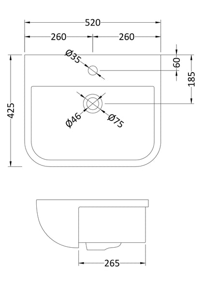 [BCSR003] Square Ceramics Semi Recessed 1 Tap Hole Minimalist Basin (Tap Not Included), 520mm - Balterley - Technical Drawing