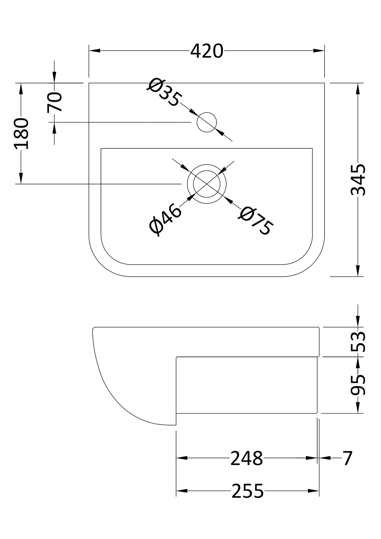 [BCSR004] Square Ceramics Semi Recessed 1 Tap Hole Basin (Tap Not Included), 420mm - Balterley - Technical Drawing