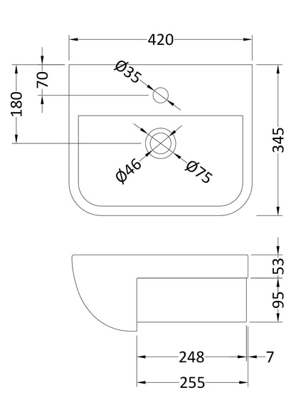 [BCSR004] Square Ceramics Semi Recessed 1 Tap Hole Basin (Tap Not Included), 420mm - Balterley - Technical Drawing