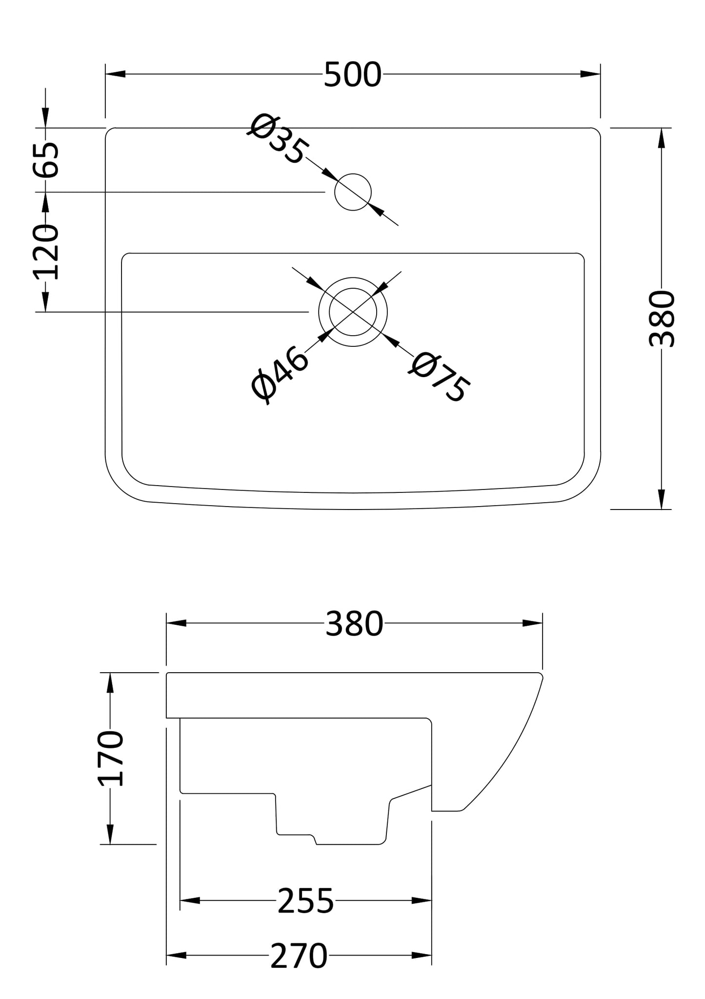 [BCSR005] Square Ceramics Semi Recessed 1 Tap Hole Minimalist Basin (Tap Not Included), 500mm - Balterley - Technical Drawing
