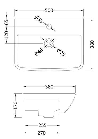 [BCSR005] Square Ceramics Semi Recessed 1 Tap Hole Minimalist Basin (Tap Not Included), 500mm - Balterley - Technical Drawing