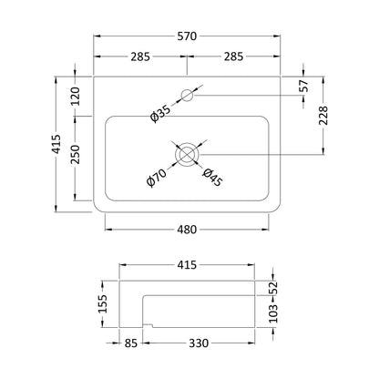 [BCSR171] Balterley Semi-Recessed Bathroom Basin, Contemporary Style, Soft Square Design, White, Countertop Friendly, Vitreous China, 570 mm - Technical Drawing