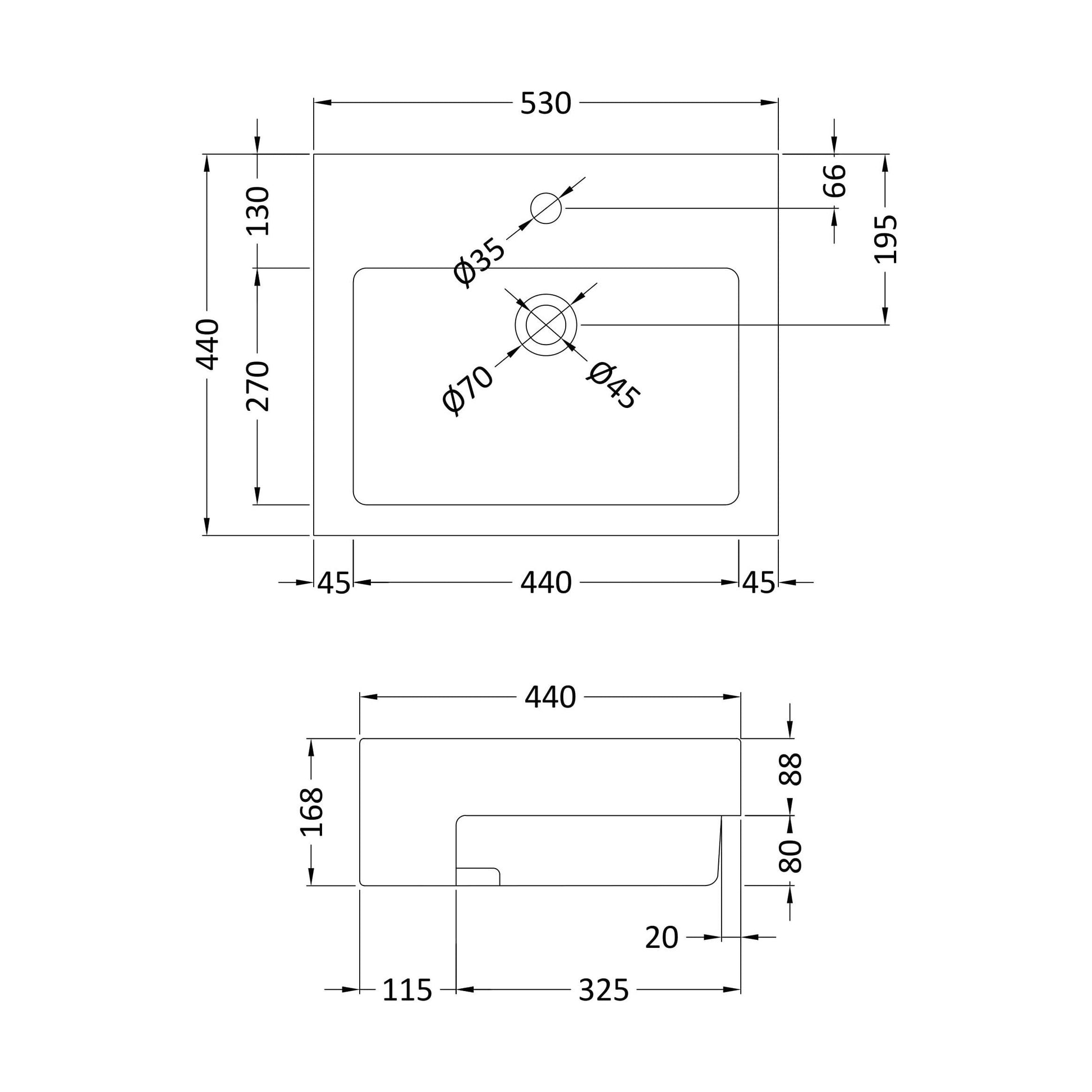 [BCSR172] Balterley Semi-Recessed Bathroom Basin, Contemporary Style, Sleek Square Design, White, Countertop Friendly, 530 mm - Technical Drawing