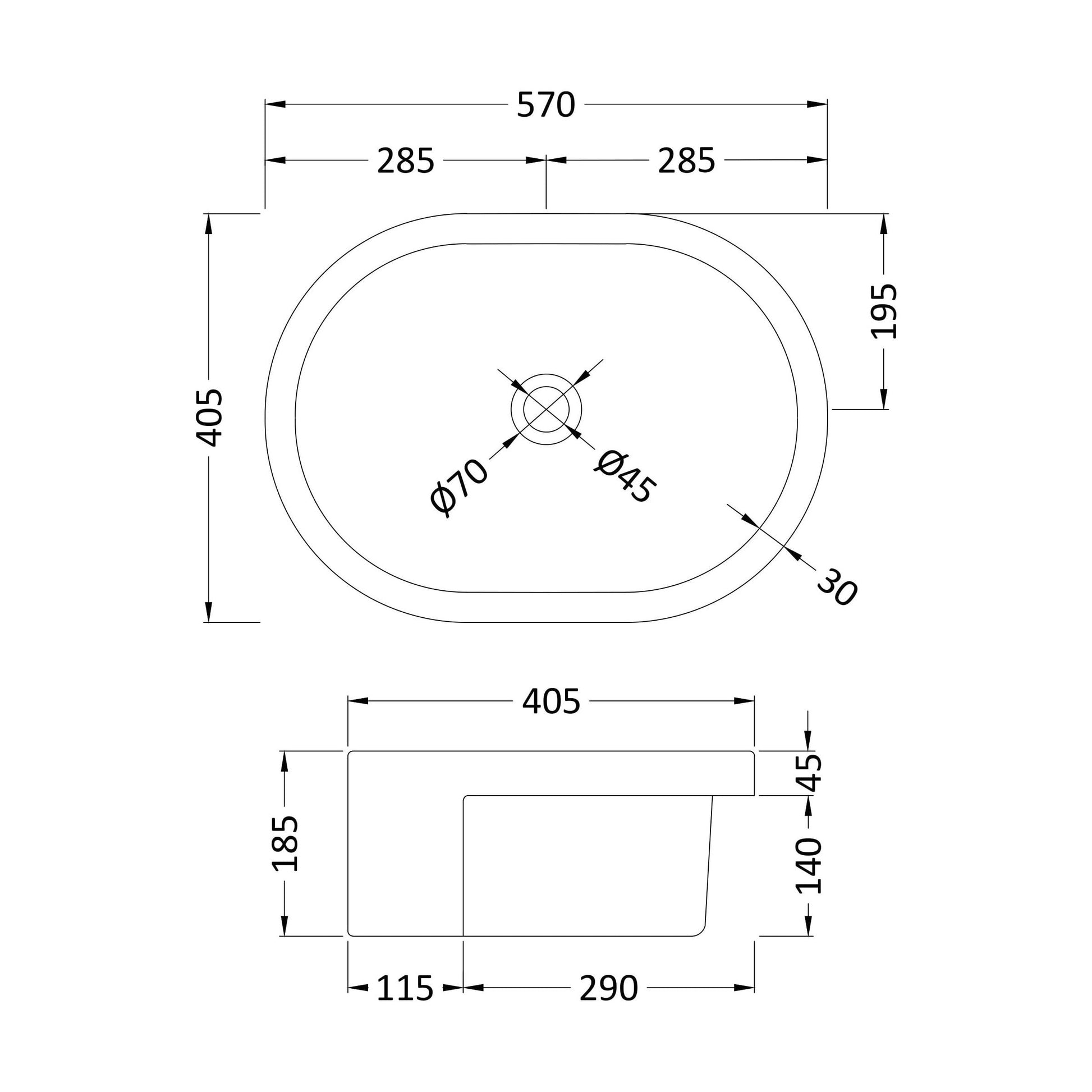 [BCSR173] Balterley Nove Semi-Recessed Bathroom Basin, Contemporary Style, Rounded Design, White, Countertop Friendly, 570 mm - Technical Drawing