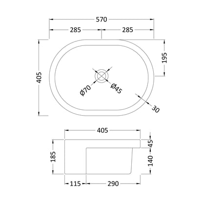 [BCSR173] Balterley Nove Semi-Recessed Bathroom Basin, Contemporary Style, Rounded Design, White, Countertop Friendly, 570 mm - Technical Drawing