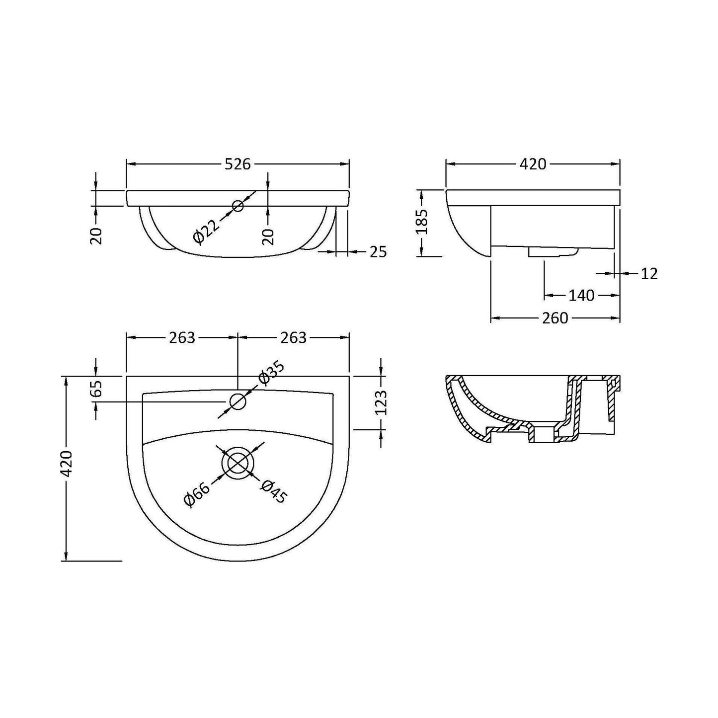 [BCSR305A] Round Ceramics Semi Recessed 1 Tap Hole Basin (Tap Not Included), 500mm - Balterley - Technical Drawing