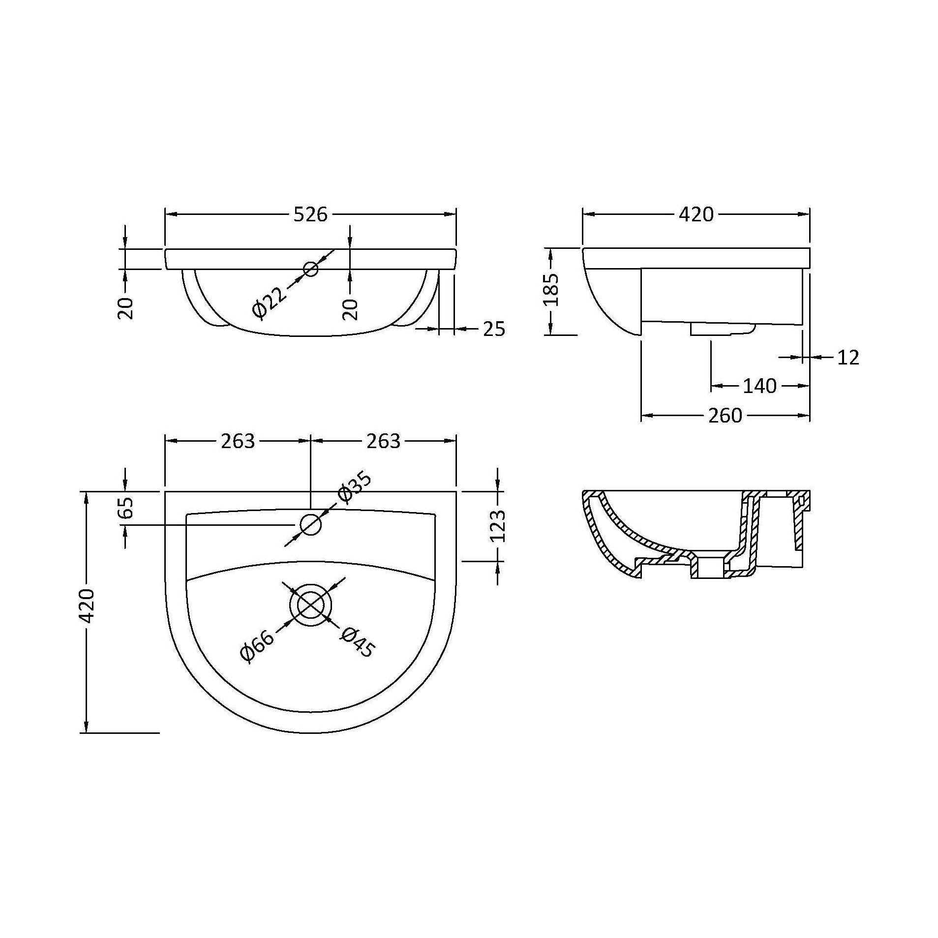 [BCSR305A] Round Ceramics Semi Recessed 1 Tap Hole Basin (Tap Not Included), 500mm - Balterley - Technical Drawing