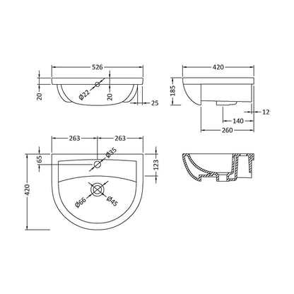 [BCSR305A] Round Ceramics Semi Recessed 1 Tap Hole Basin (Tap Not Included), 500mm - Balterley - Technical Drawing
