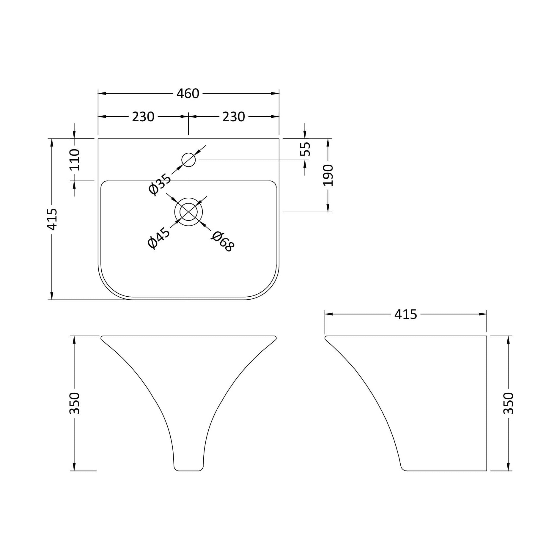 [BCSU102] Trysull Contemporary Wall Hung 1 Tap Hole Ceramic Bathroom Basin, 350 x 460 x 415mm - Technical Drawing