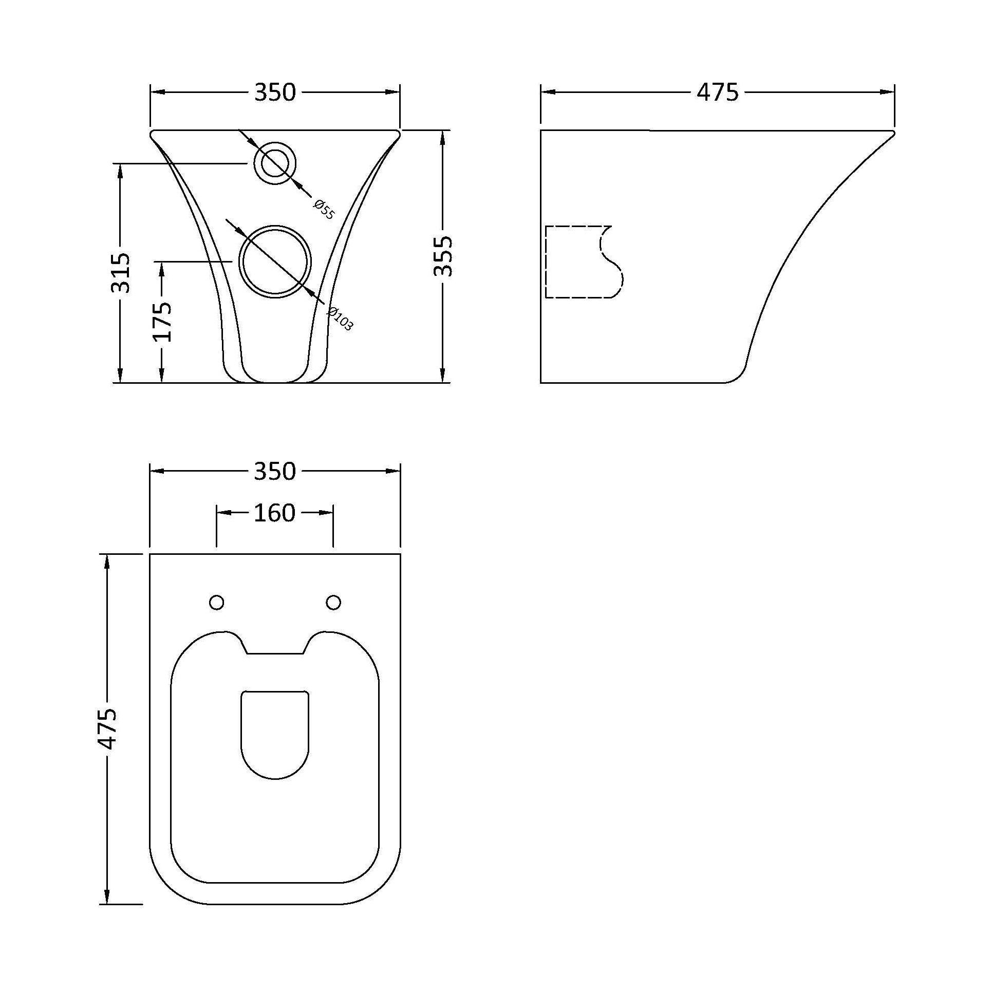 [BCSU140] Trysull Contemporary Wall Hung Rimless Toilet Pan and Seat, 355 x 350 x 490mm - Technical Drawing
