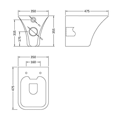 [BCSU140] Trysull Contemporary Wall Hung Rimless Toilet Pan and Seat, 355 x 350 x 490mm - Technical Drawing