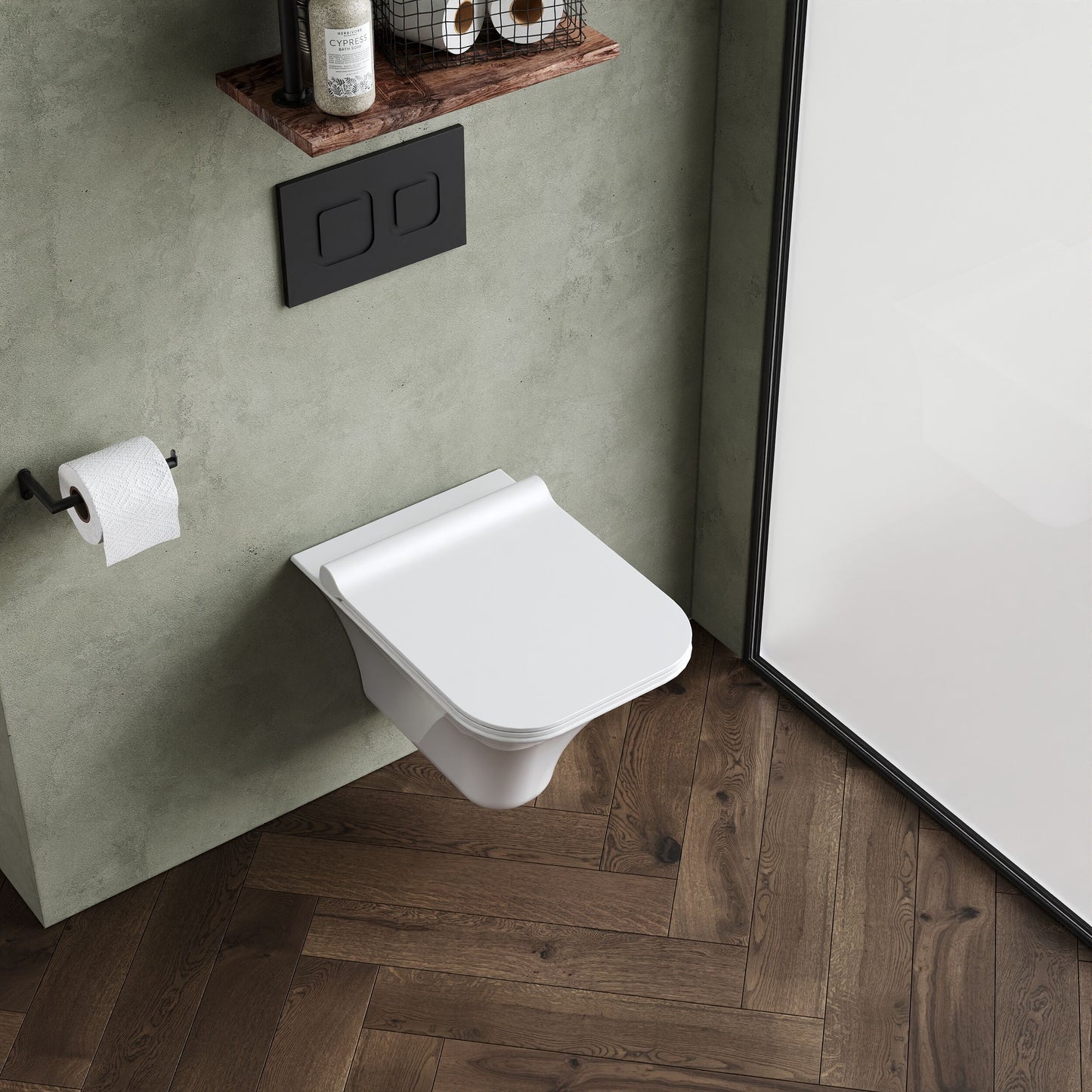 [BCSU140] Trysull Contemporary Wall Hung Rimless Toilet Pan and Seat, 355 x 350 x 490mm - Lifestyle 2