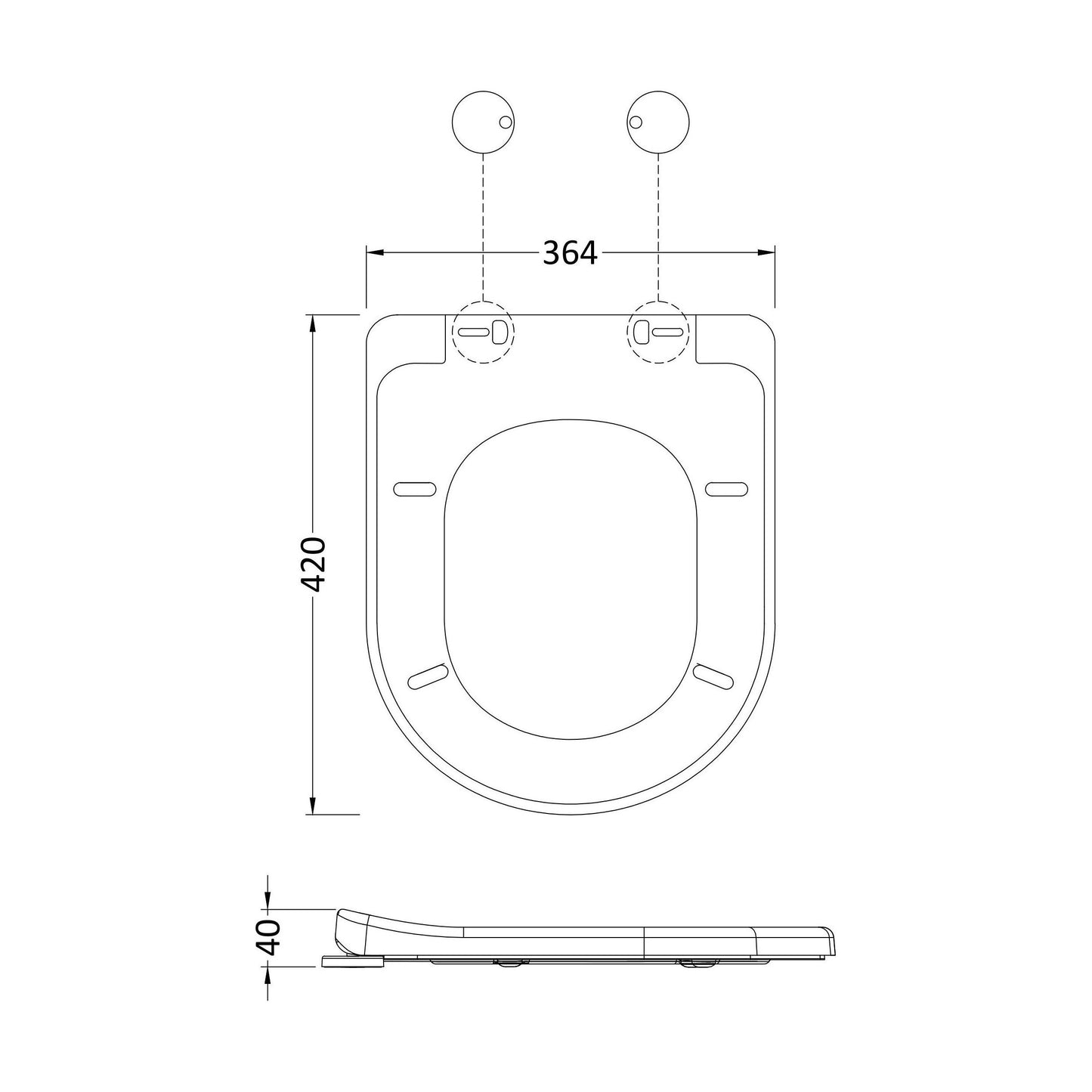 [BCTS004B] Balterley D-Shaped Soft Close Gloss White Toilet Seat With Top Fix Hinge - Technical Drawing