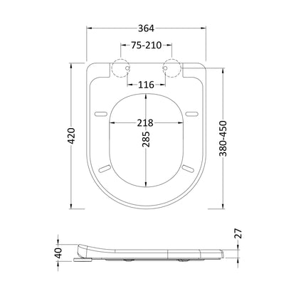 [BCTS004] Luxury Soft Close D Shape Top Fix - White - Technical Drawing