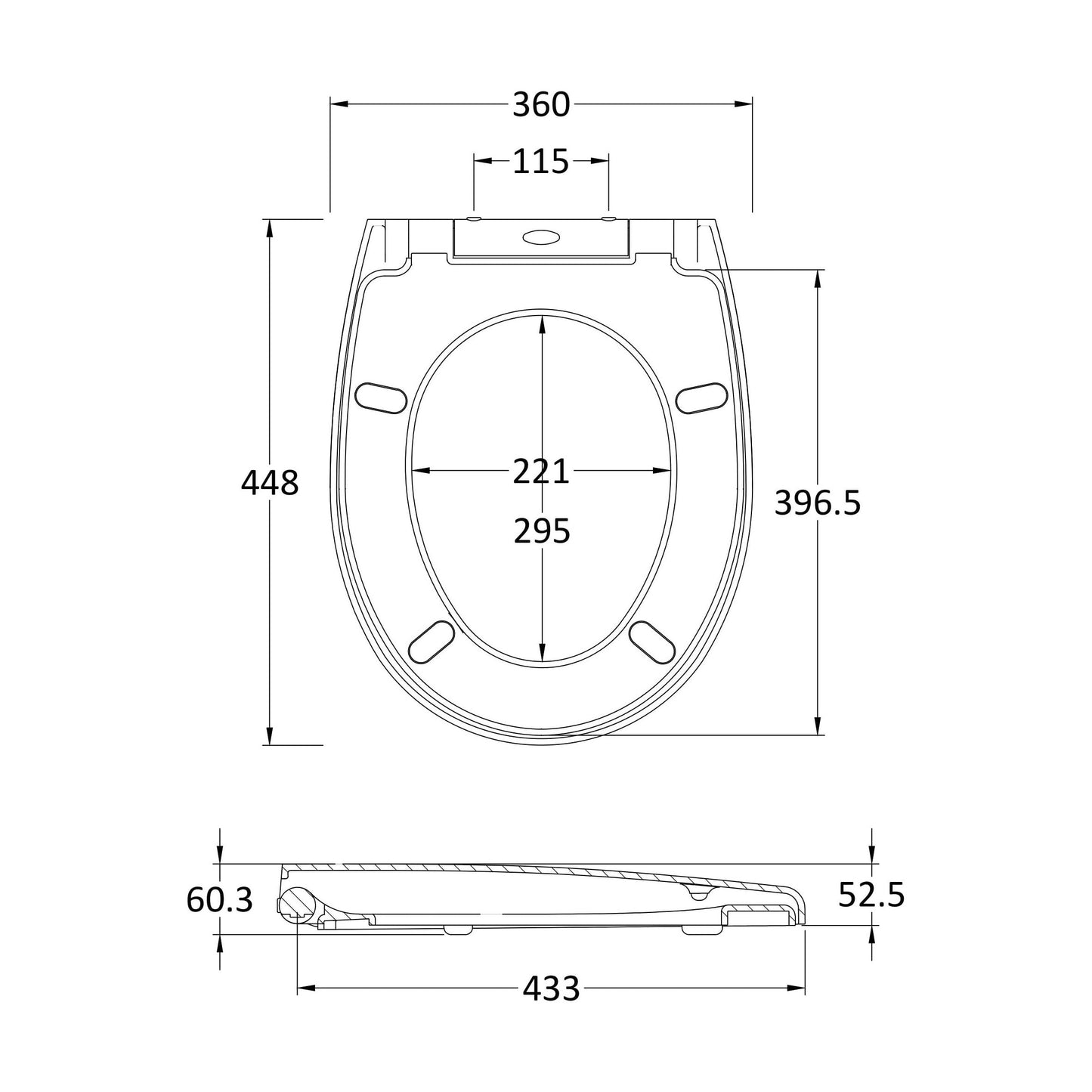 [BCTS006] Luxury Round Top Fix Soft Close - White - Technical Drawing