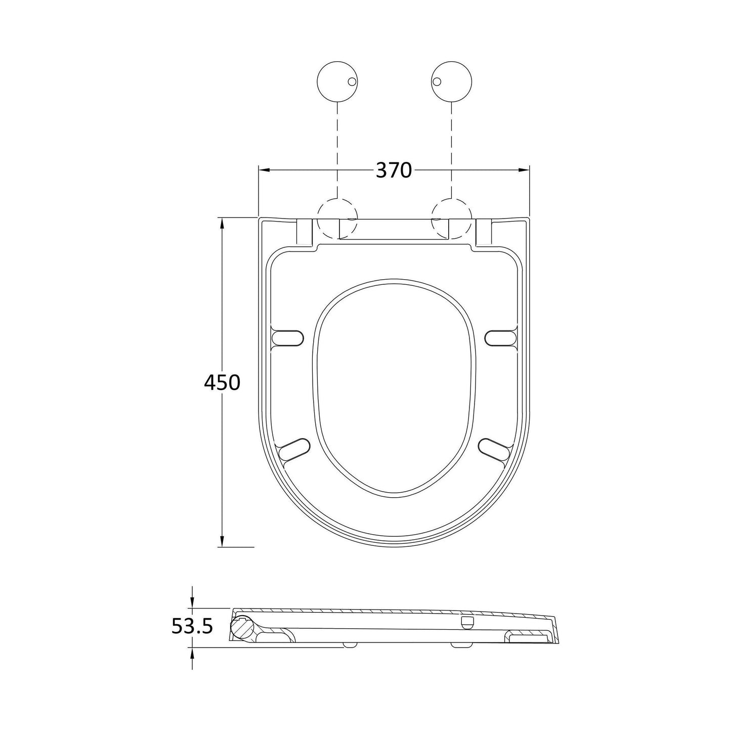 [BCTS007W] Balterley D-Shaped Soft Close Gloss White Toilet Seat With Top Fix Hinge - Technical Drawing