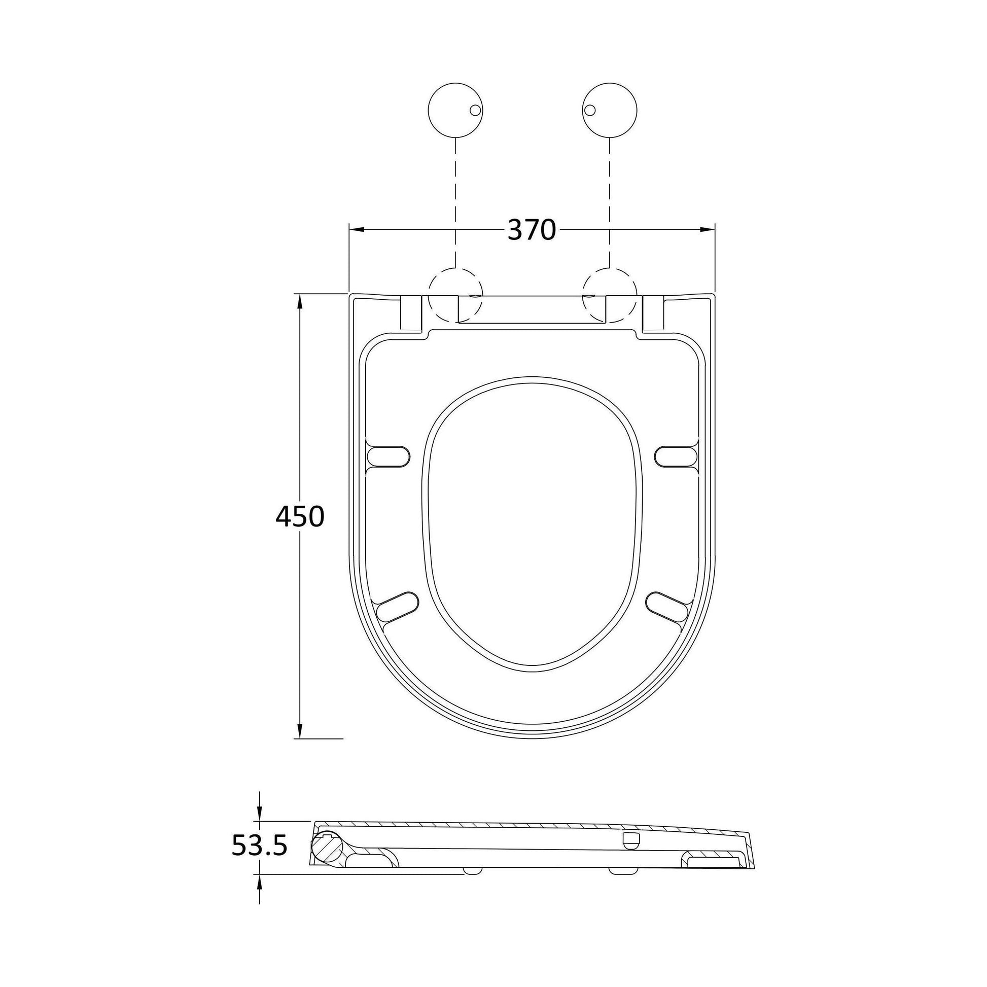 [BCTS007W] Balterley D-Shaped Soft Close Gloss White Toilet Seat With Top Fix Hinge - Technical Drawing
