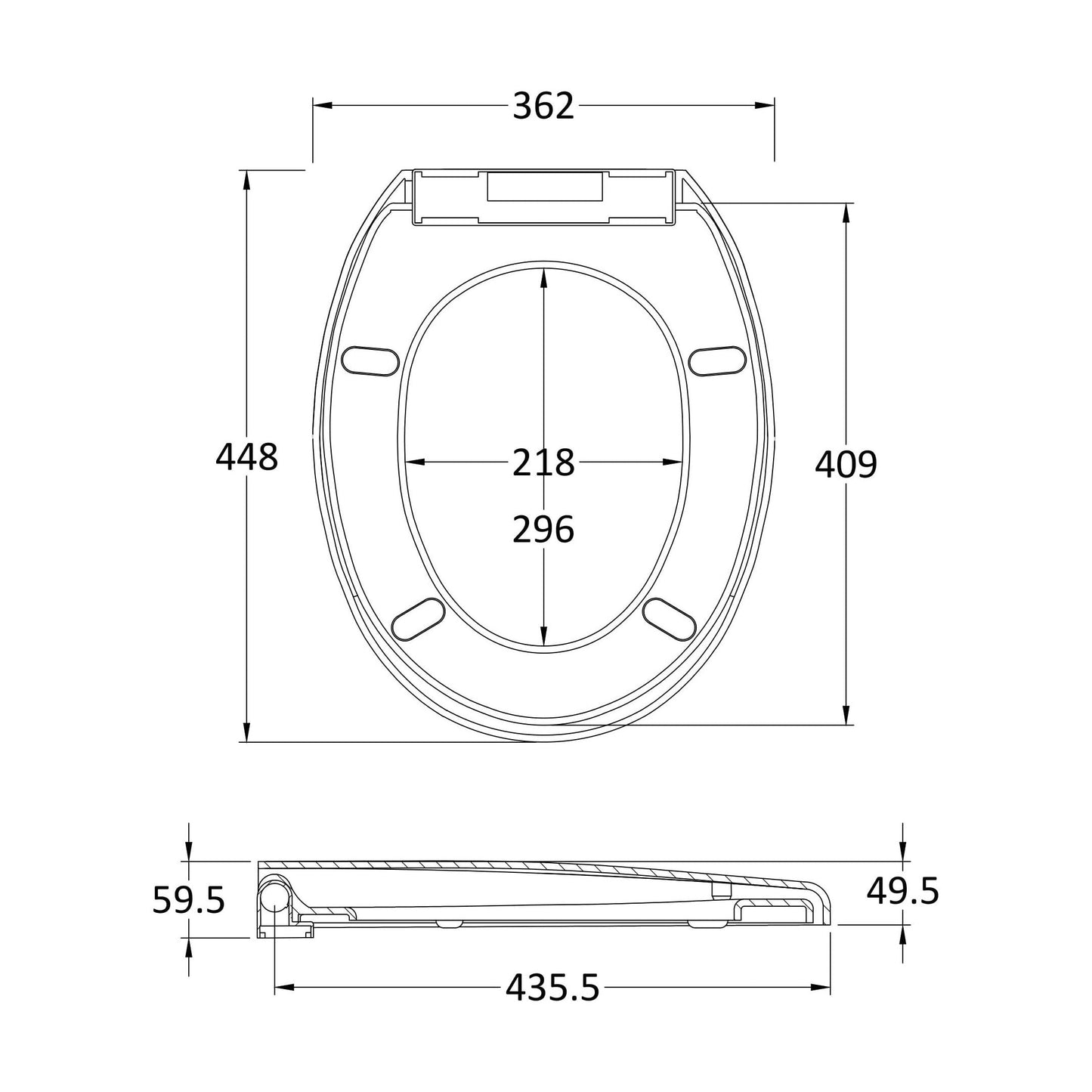 [BCTS008] Standard Round Top Fix Soft Close - White - Technical Drawing