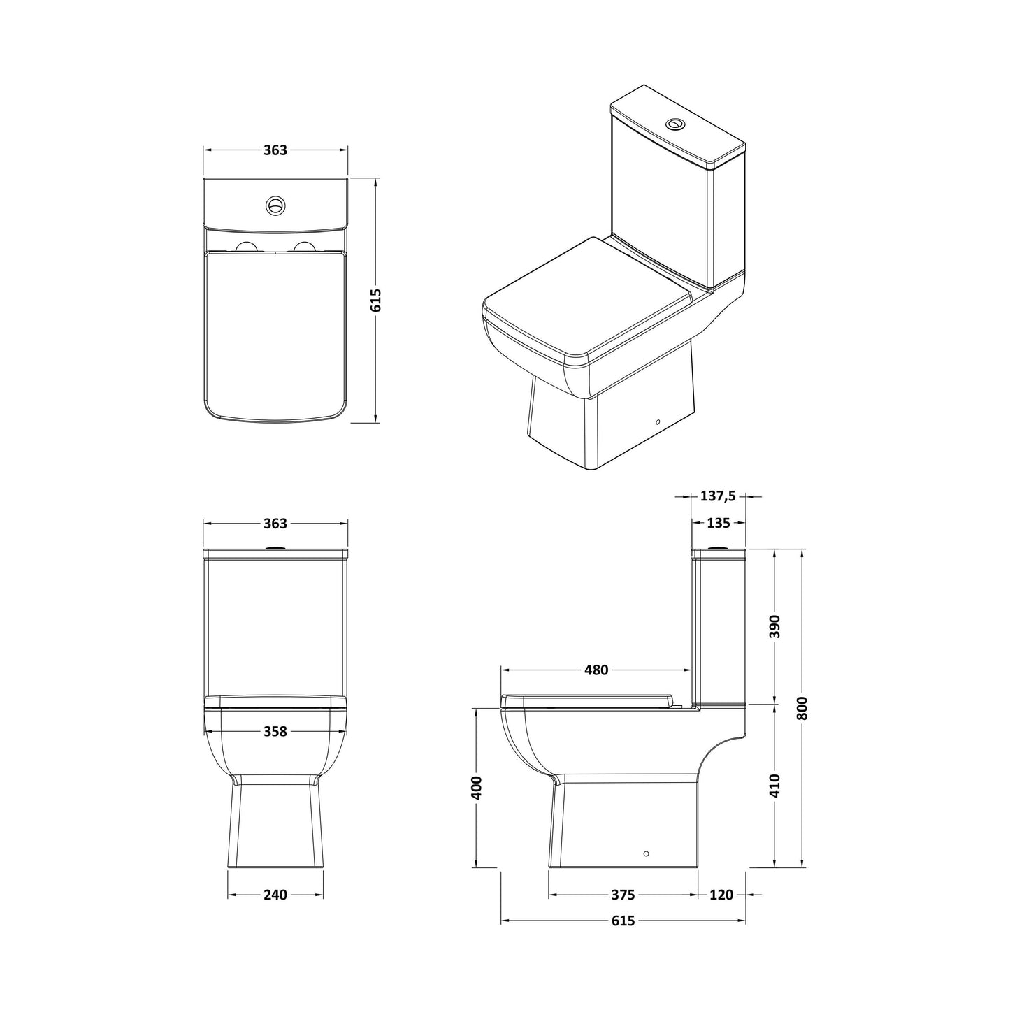 [BCTT01A] Comfort Height Close-Coupled Toilet Soft-Close Seat – White - Technical Drawing