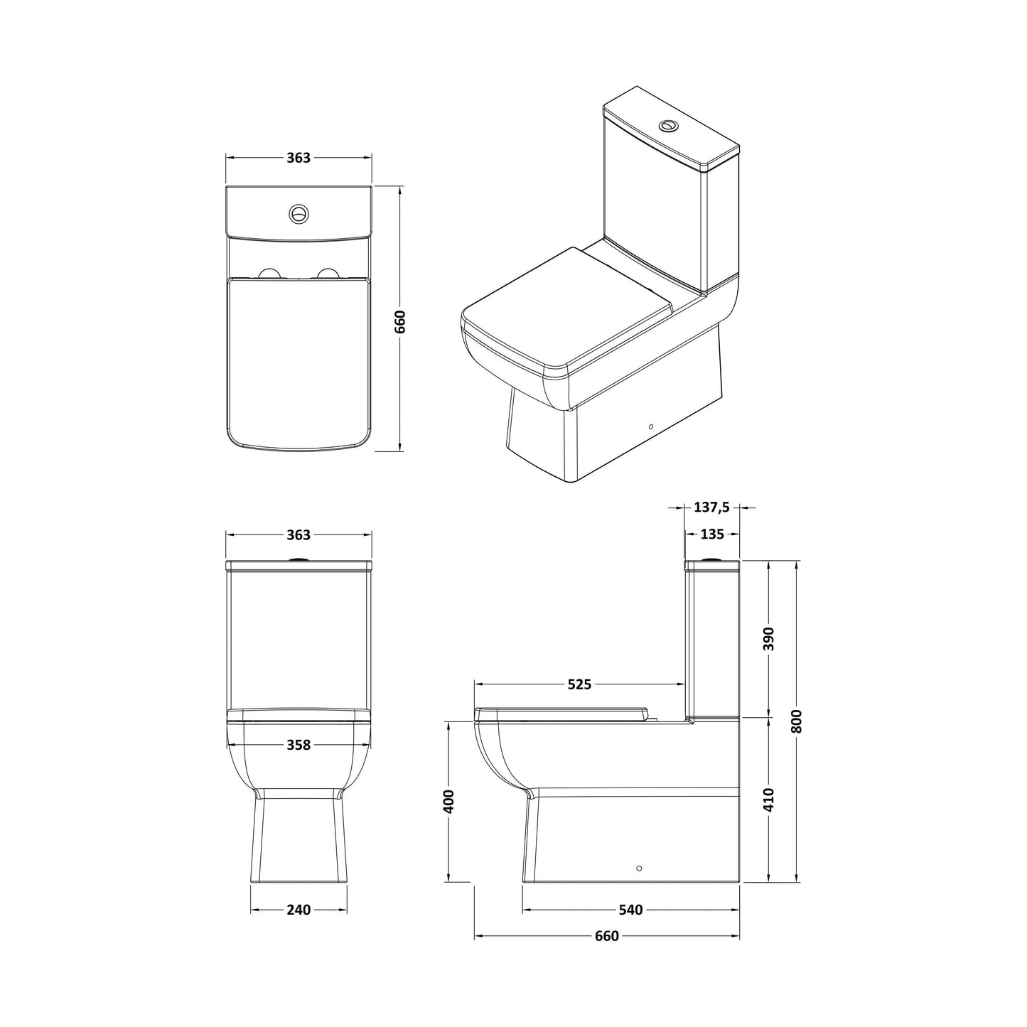 [BCTT03A] Flush To Wall Close-Coupled Toilet Soft-Close Seat – White - Technical Drawing