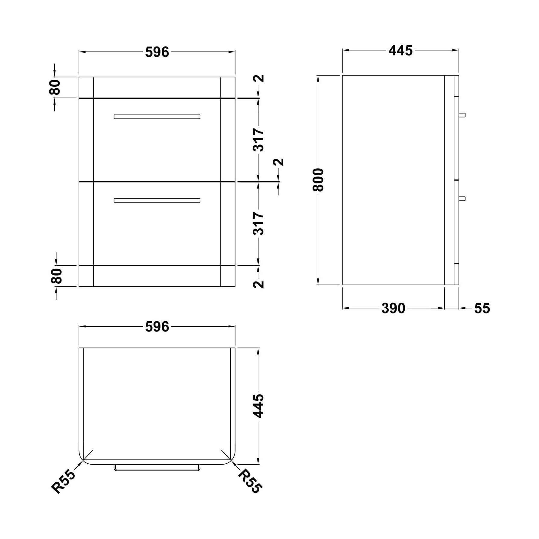 [BCUR833] 600 F/S 2-DRAWER UNIT 800 x 596 x 447 - Technical Drawing