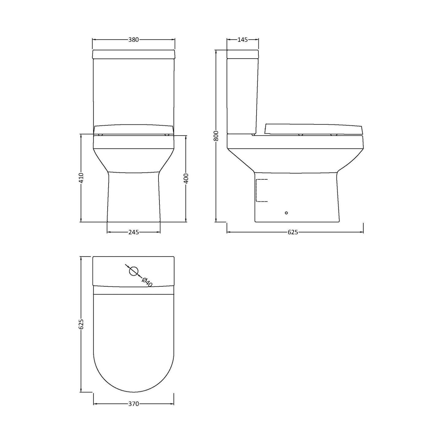 [BCVI003] Copmere Modern White Semi-Flush to Wall Bathroom Toilet Pan & Cistern - 380mm - Technical Drawing