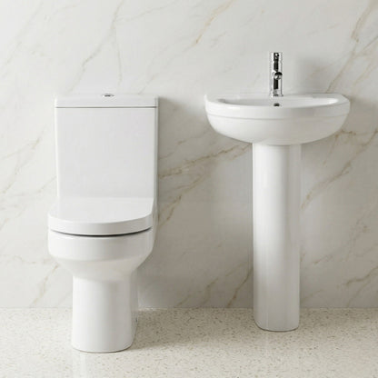 [BCVI006] Copmere Ceramic Bathroom Suite - Semi Flush to Wall Toilet, Cistern, Soft-Close Seat & 500mm Basin with Full or Semi Pedestal - Silo