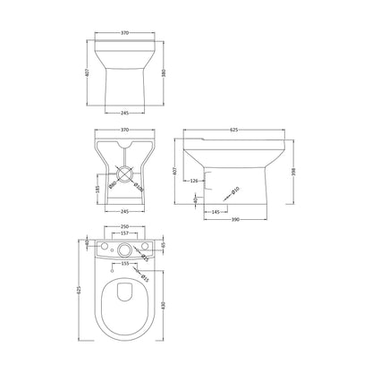 [BCVI007] Copmere Ceramic Bathroom Suite - Semi Flush to Wall Toilet, Cistern, Soft-Close Seat & 500mm Basin with Full or Semi Pedestal - Technical Drawing