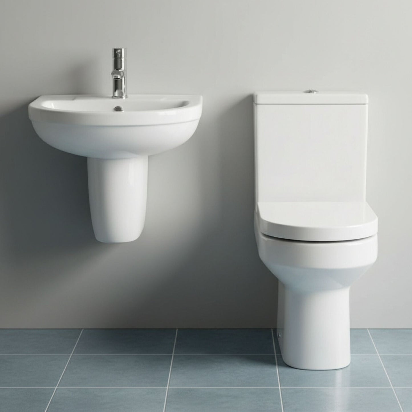 [BCVI007] Copmere Ceramic Bathroom Suite - Semi Flush to Wall Toilet, Cistern, Soft-Close Seat & 500mm Basin with Full or Semi Pedestal - Silo