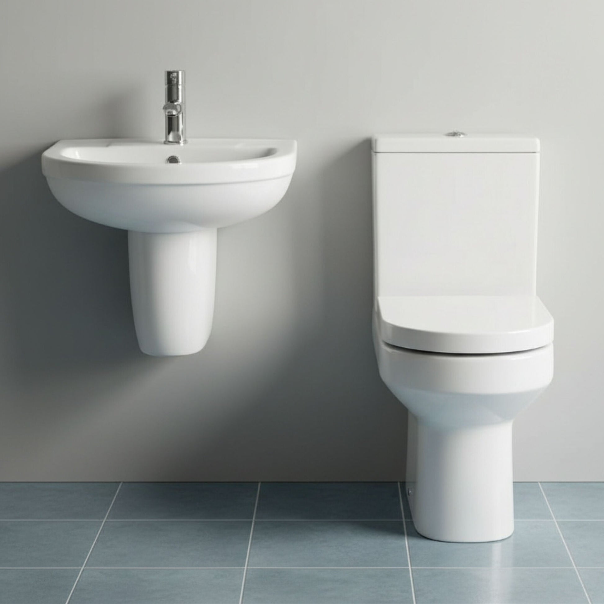 [BCVI007] Copmere Ceramic Bathroom Suite - Semi Flush to Wall Toilet, Cistern, Soft-Close Seat & 500mm Basin with Full or Semi Pedestal - Silo