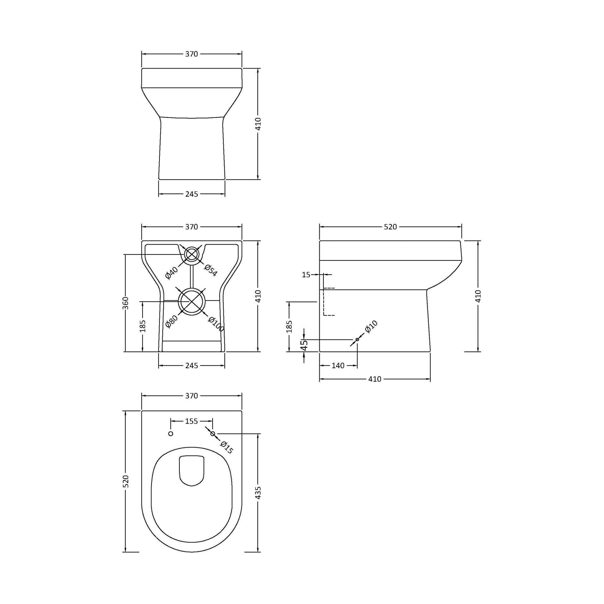 [BCVI606P] Back Round Back To Wall Toilet Pan  - 410mm x 370mm x 520mm - Technical Drawing