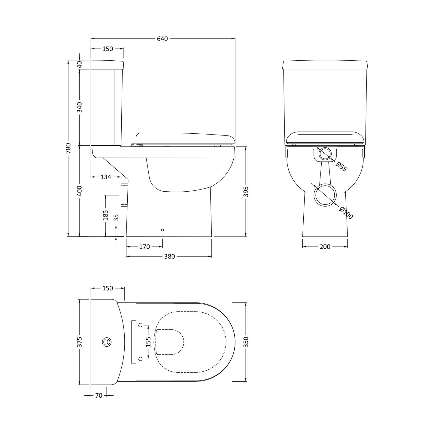 [BCVT001] Churnet Ceramic Bathroom Bundle - Toilet Pan with Cistern, Soft-Close Seat & 550mm Basin with Full or Semi Pedestal (1TH or 2TH) - Technical Drawing