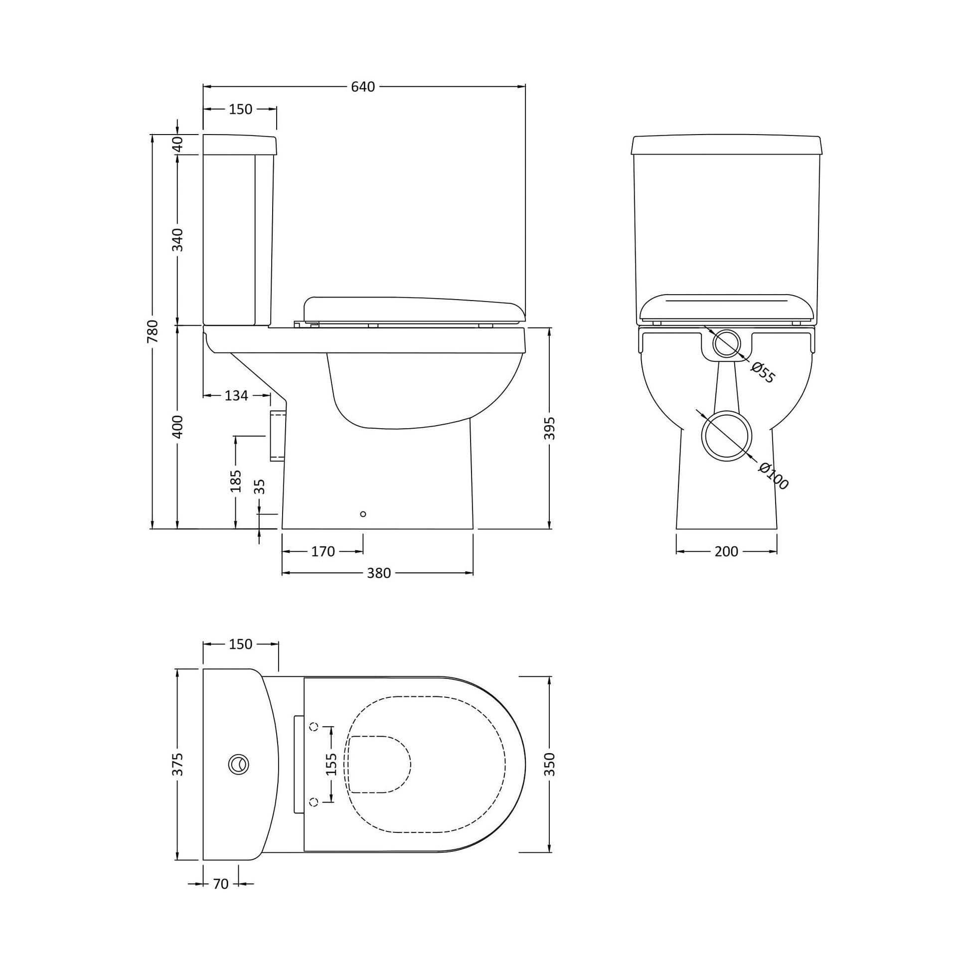 [BCVT001] Churnet Ceramic Bathroom Bundle - Toilet Pan with Cistern, Soft-Close Seat & 550mm Basin with Full or Semi Pedestal (1TH or 2TH) - Technical Drawing