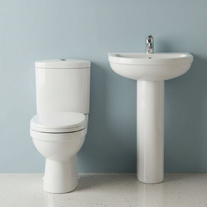 [BCVT001] Churnet Ceramic Bathroom Bundle - Toilet Pan with Cistern, Soft-Close Seat & 550mm Basin with Full or Semi Pedestal (1TH or 2TH) - Silo