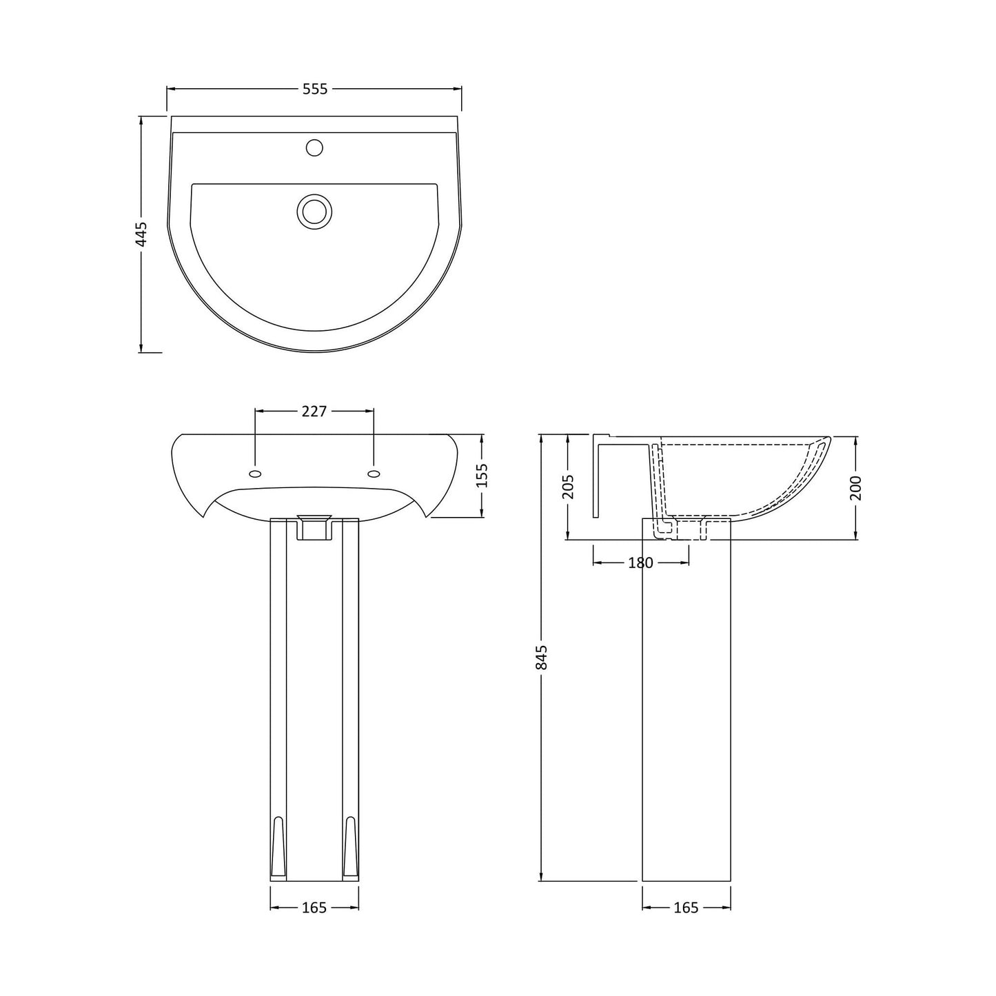 [BCVT002] Churnet Round Ceramic Basin and Pedestal - 1 or 2 Tap Hole - 845 x 555 x 445mm - Technical Drawing
